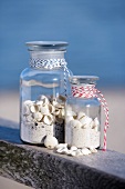 Two storage jars filled with sand and shells