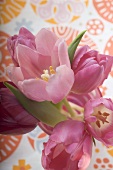 Vase of pink tulips from above