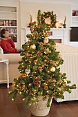 Christmas tree in living room, woman in background