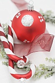 Christmas tree ornaments with ribbon and Christmas wreath