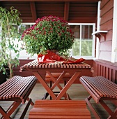 Terrassenmöbel auf Holzterrasse; auf dem Tisch eine rot blühende Chrysantheme im Topf