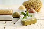 Different soaps with nail brush and sponge