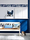 Dog lying next to rustic, white wooden bench against blue and white wall with frieze