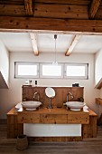 Bathroom with wooden ceiling and wooden washstand
