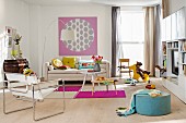 A living room in a mixture of styles with touches of colours and children's accessories