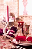 A pink Christmas place setting