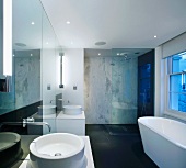 Separate washstands below large mirror in designer bathroom with glass shower partition