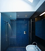 Bathroom with blue mosaic tiles on the wall and floor with enclosed glass shower stall