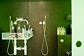 Bathing utensils on a glass shelf in a modern shower cubicle