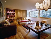 A spacious modern living room with an Oriental touch