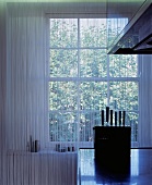 Reflection of transparent cord curtain in the surfaces of a stainless steel kitchen and knife block against the light