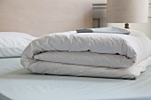 Folded white bedspread on bed