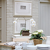 Dining room with white brick wall and orchid in a basket