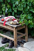 Bread and cheese on rustic bench outdoors
