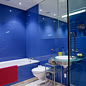 Bathroom with blue tiles and glass shower