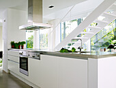 Modern kitchen in white with stainless steel appliances and herb pots on the counter