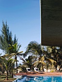 Pool und Holzdeck vor Palmen am Strand
