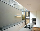 Kitchen partially roofed in glass