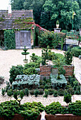 Formal garden with box hedges in front of overgrown garden shed