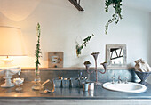 Badezimmer mit Hängepflanzen und Vintage-Dekoration