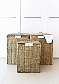 Large laundry baskets in front of a white wall cupboard