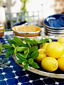 Lemons and laurel in a tray
