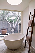 Free-standing bathtub and ladder as towel rail in bathroom with glass wall
