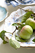 Freshly harvested apples with leaves and a section of twig on antique plates