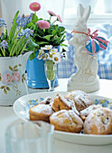 Easter brunch with pastries and spring decorations