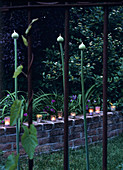 Dekorierte Windlichter auf kleiner Ziegelmauer im Garten