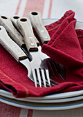 Cutlery with wooden handles on red napkin on stack of plates