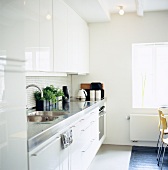 Kitchen with white cabinet doors and stainless steel countertop