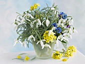 Bouquet with snowdrops in opaque glass case