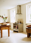 Plain kitchen with stainless steel cooker and extractor hood
