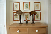 Framed botanical drawings on wall above Shaker-style chest of drawers and hats on turned wooden stands