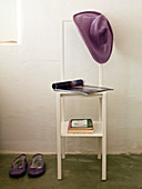 Casual felt hat on back and books on shelf of chair-style valet stand
