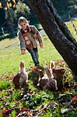 Girl feeding hens in autumnal meadow