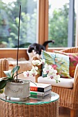 Sitzecke mit Rattansessel und Ablagetisch mit weisser Orchidee & Büchern
