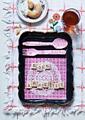 Upcycled old tray - painted black and decorated with wrapping paper and doily