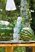 Watermelons with plastic cups and cutlery on a garden table