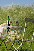Table with red wine and bread in field