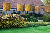 Garten mit formgeschnittenen Bäumen und Hecken vor Wohnhaus mit Ziegelfassade
