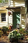 Clapboard house with porch over front door and autumnal front garden