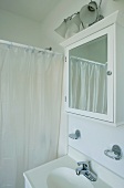 White sink medicine cabinet and shower curtain