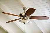 Ceiling fan mounted on a white beamed ceiling