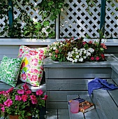 Flowers and decorative cushions on wooden terrace