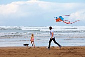 Father and daughter flying kite on beach