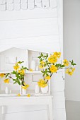 White vases of yellow Rhododendron flowers in model house on table
