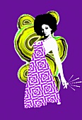 Disco design and woman with afro on purple background (print)