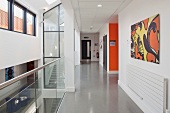 Modern hallway in a college with skylight and glass stairwell (Oxford and Cherwell Valley College)